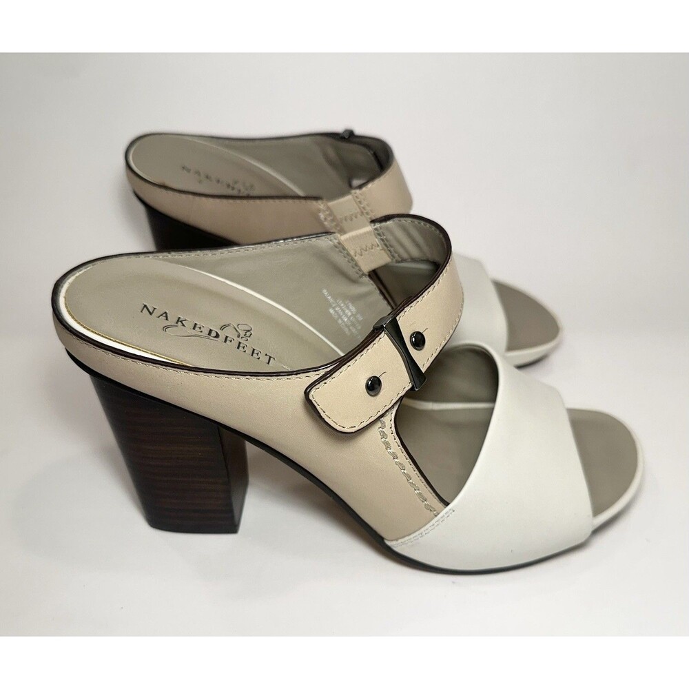 Naked Feet Tango Leather Slide Sandals Block Heel Cream Beige Womens 9
